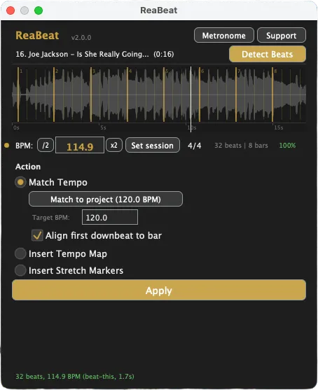 Wykryte beaty na waveformie, Match Tempo dopasowuje item do tempa projektu
