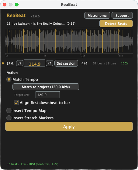 Wykryte beaty na waveformie, Match Tempo dopasowuje item do tempa projektu