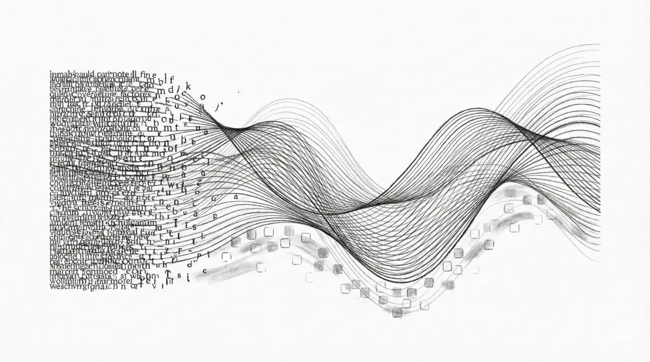 Parametryczna ilustracja – tekst przechodzący w fale dźwiękowe, symbolika audio i WordPress