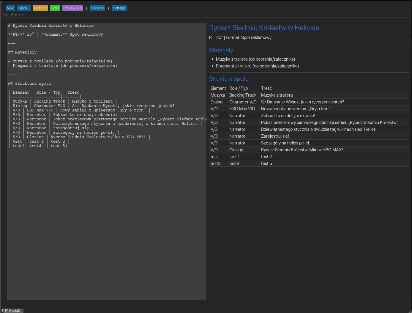 Tryb edycji ze split-view – źródło markdown po lewej, podgląd na żywo po prawej