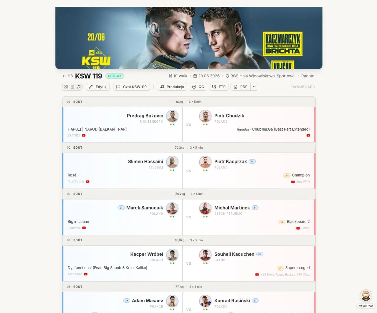 Fight card KSW 119 – utwory wejściowe przypięte do walk i narożników