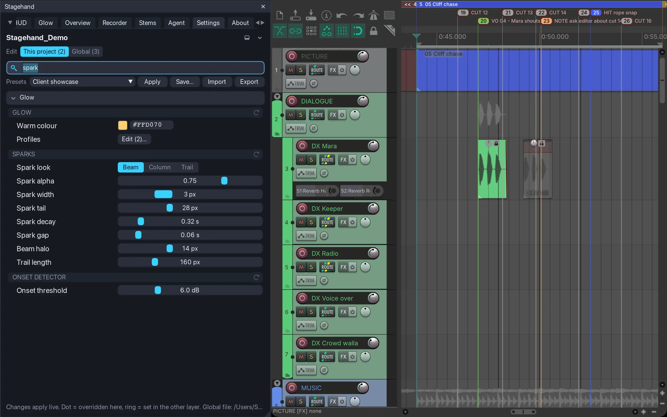 Settings – wyszukiwarka zawęża ponad 200 ustawień do iskier Glow, a nad listą jest preset „Client showcase”