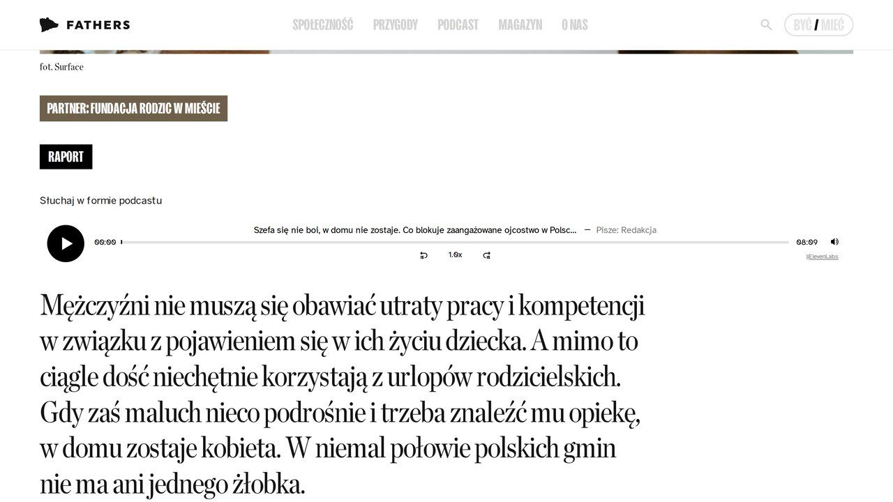 Player „słuchaj w formie podcastu" nad tekstem raportu