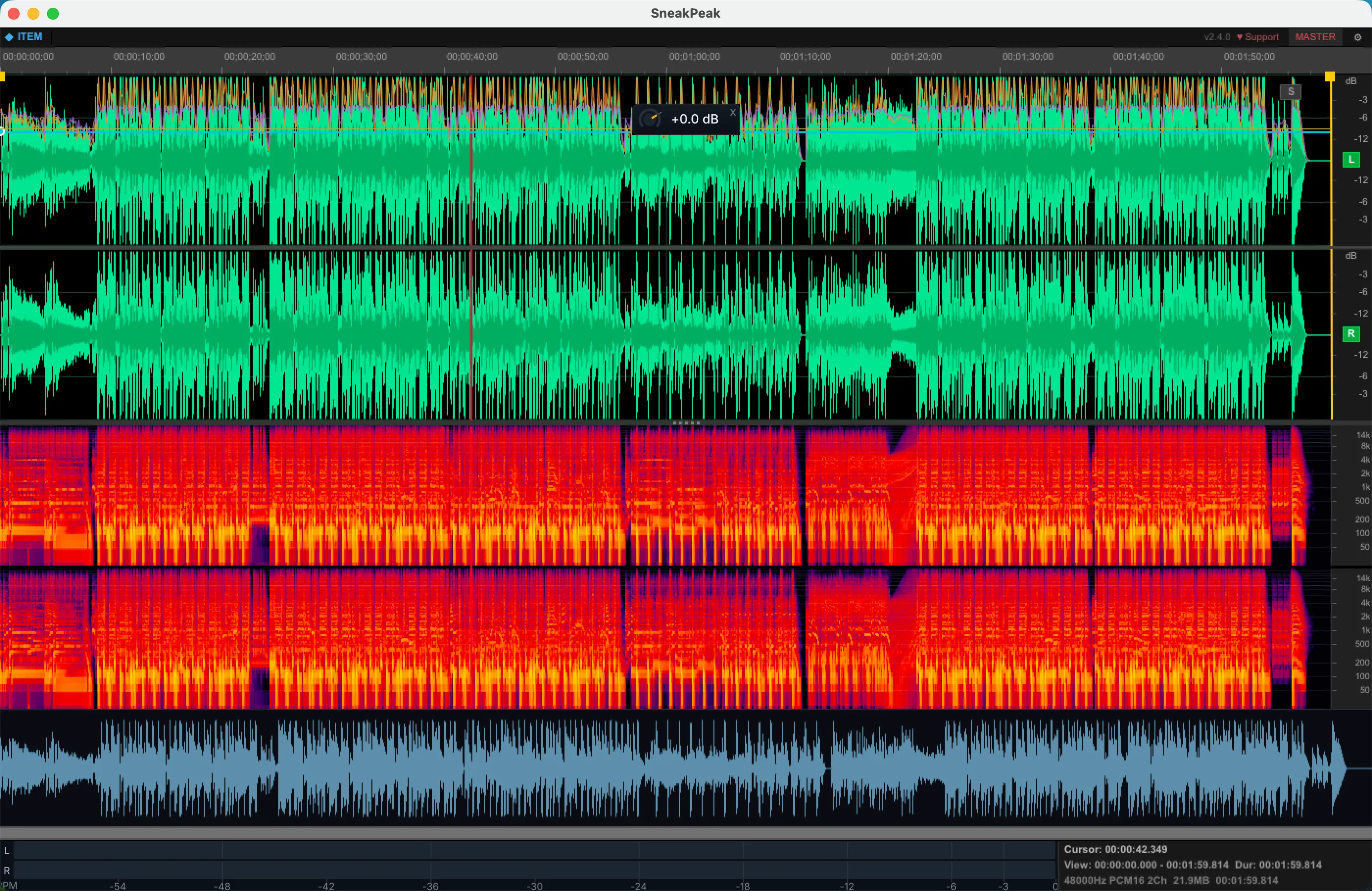 Waveform i spektrogram FFT itemu w dokowanym edytorze