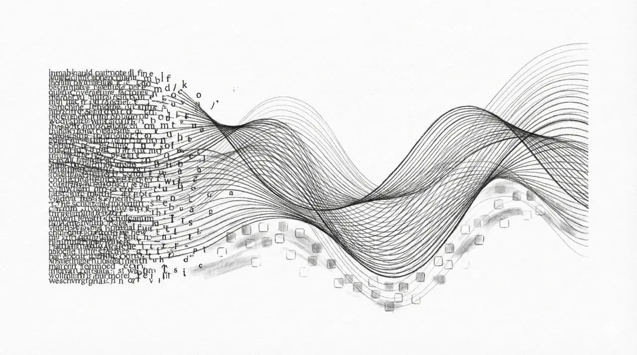 Parametryczna ilustracja – tekst przechodzący w fale dźwiękowe, symbolika audio i WordPress